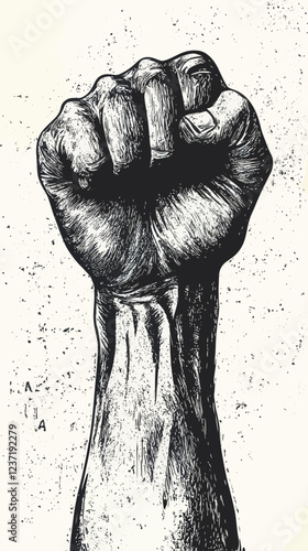 Vintage Raised Fist Woodcut Illustration: Revolution, Protest, Strength Symbol Graphic