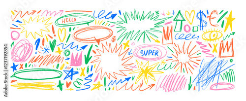 Colorful crayon drawn doodle shapes, scribbles and speech bubbles. Funky star shapes, stars, doodle ovals and childish figures. Various emphasis elements for hand drawn notes and fun design.