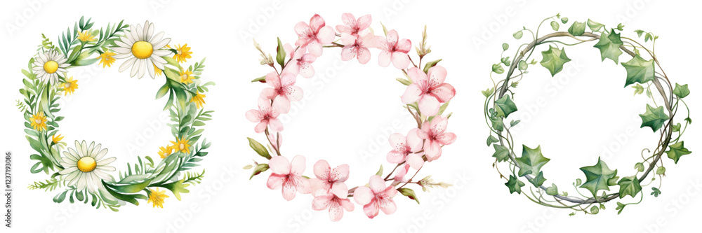 Floral wreaths of daisies, cherry blossoms, and ivy vines in varied arrangements isolated png Floral wreaths of daisies, cherry blossoms, and ivy vines in varied arrangements isolated png