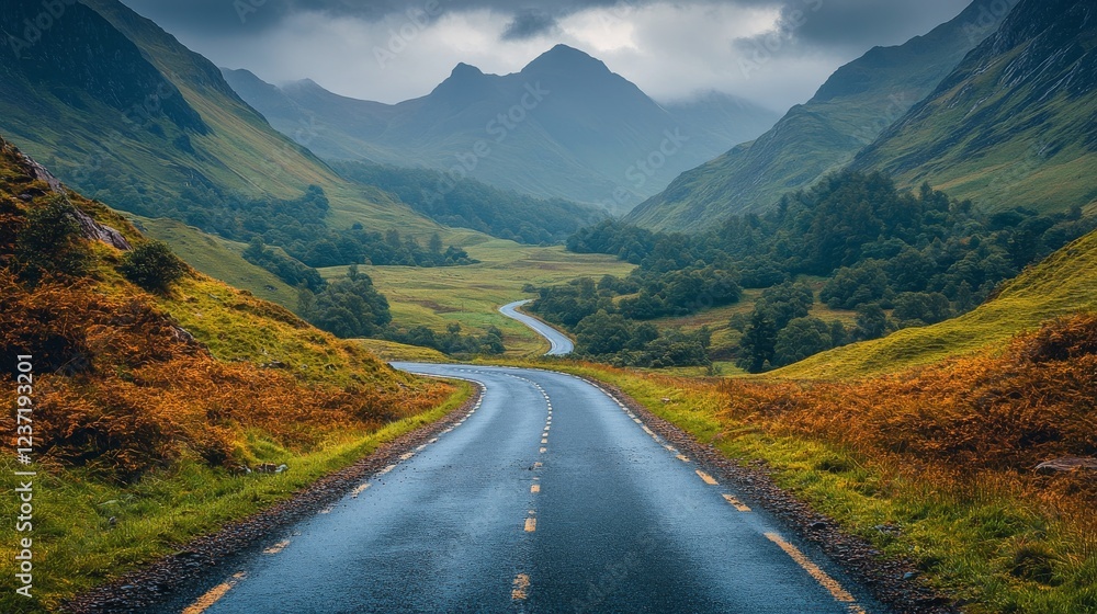Fototapeta premium Winding road through lush green valleys and mountains under a moody sky