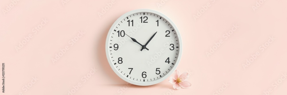 Simple wall clock with white face and minimalist design against a soft pink background showcasing floral accents Simple wall clock with white face and minimalist design against a soft pink background showcasing floral accents