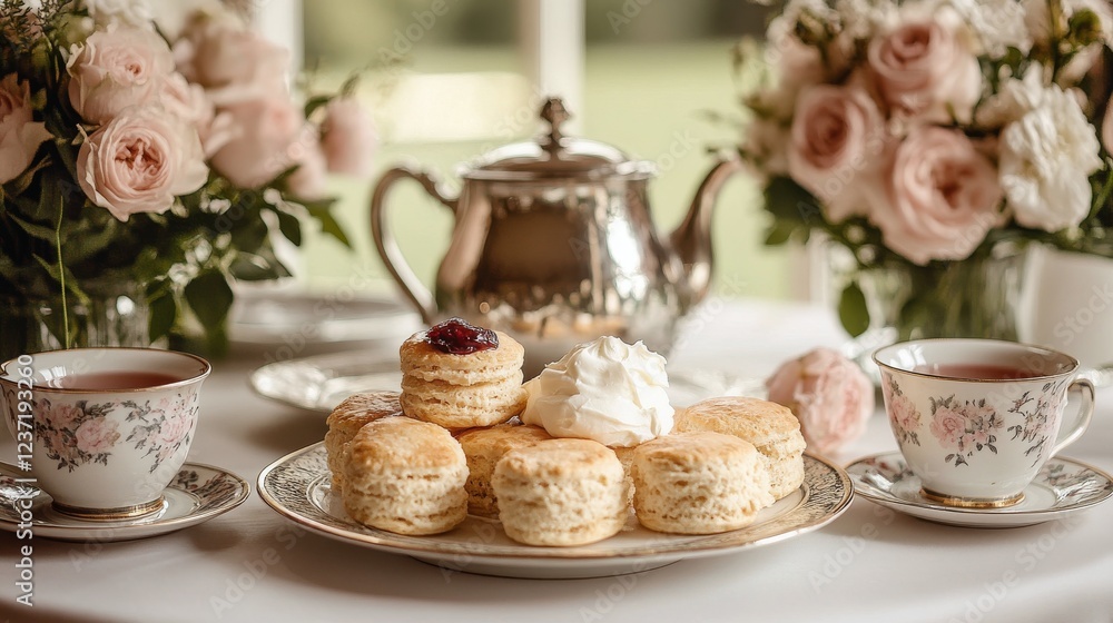 Enjoying tea and scones with roses in a cozy setting on a sunny afternoon Enjoying tea and scones with roses in a cozy setting on a sunny afternoon