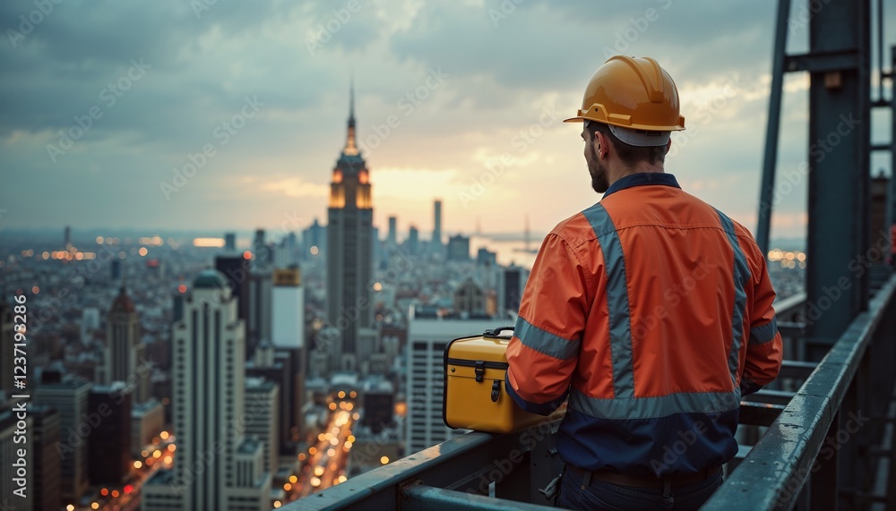 Determined construction worker looking at sunset Determined construction worker looking at sunset