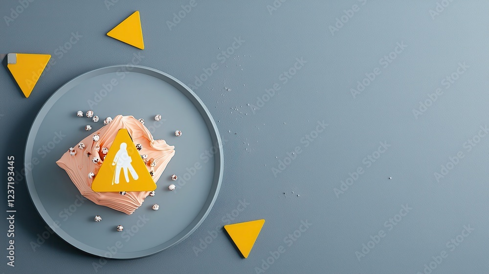 Cake on Plate with Warning Sign on Blue Surface