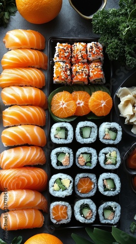 Colorful sushi platter with fresh oranges displayed at a dining table during a cozy gathering