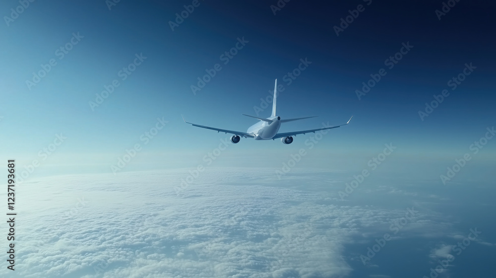 Fototapeta premium Commercial Airplane Cruising at High Altitude Against a Clear Blue Sky with Distant Clouds Creating a Serene Aerial View