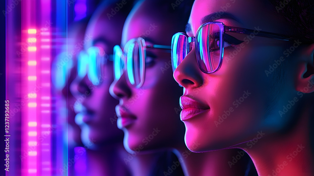 A futuristic scene with diverse individuals in glasses, illuminated by vibrant neon lights, reflecting themes of technology and connection. A futuristic scene with diverse individuals in glasses, illuminated by vibrant neon lights, reflecting themes of technology and connection.