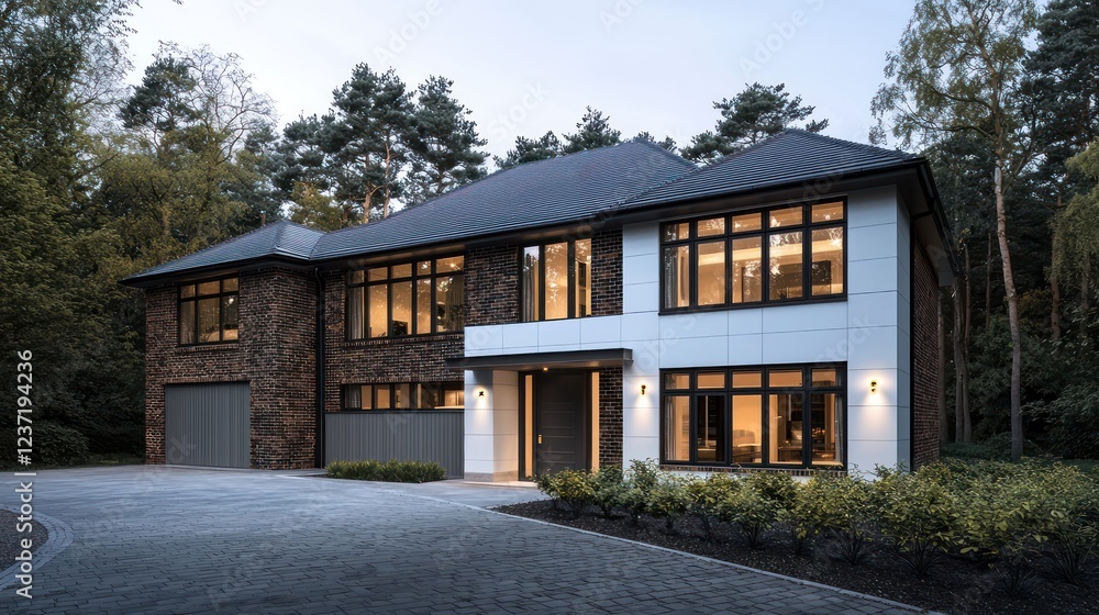 This modern-traditional house features weathered brick This modern-traditional house features weathered brick