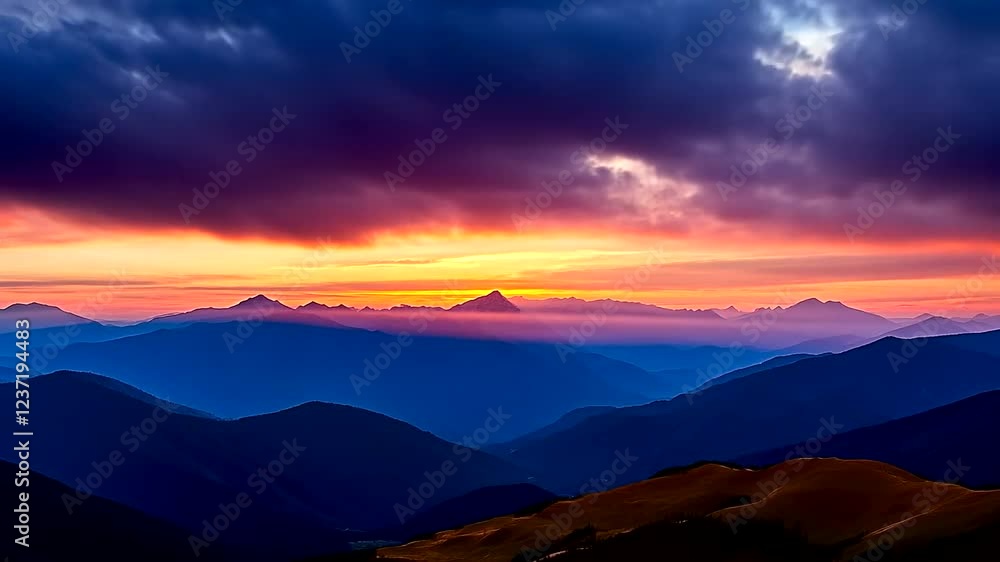 Majestic sunset over mountains with dramatic clouds and valleys Majestic sunset over mountains with dramatic clouds and valleys