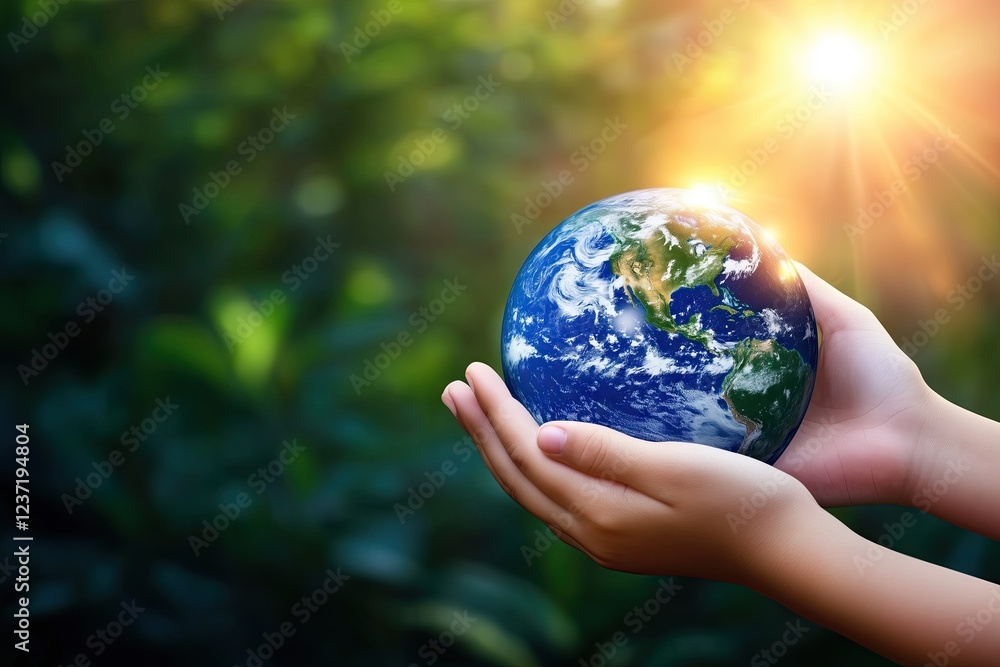 Hands holding a small glowing Earth against a green nature background. Symbolizing environmental protection, sustainability, and global responsibility.
Hands holding a small glowing Earth against a green nature background. Symbolizing environmental protection, sustainability, and global responsibility.