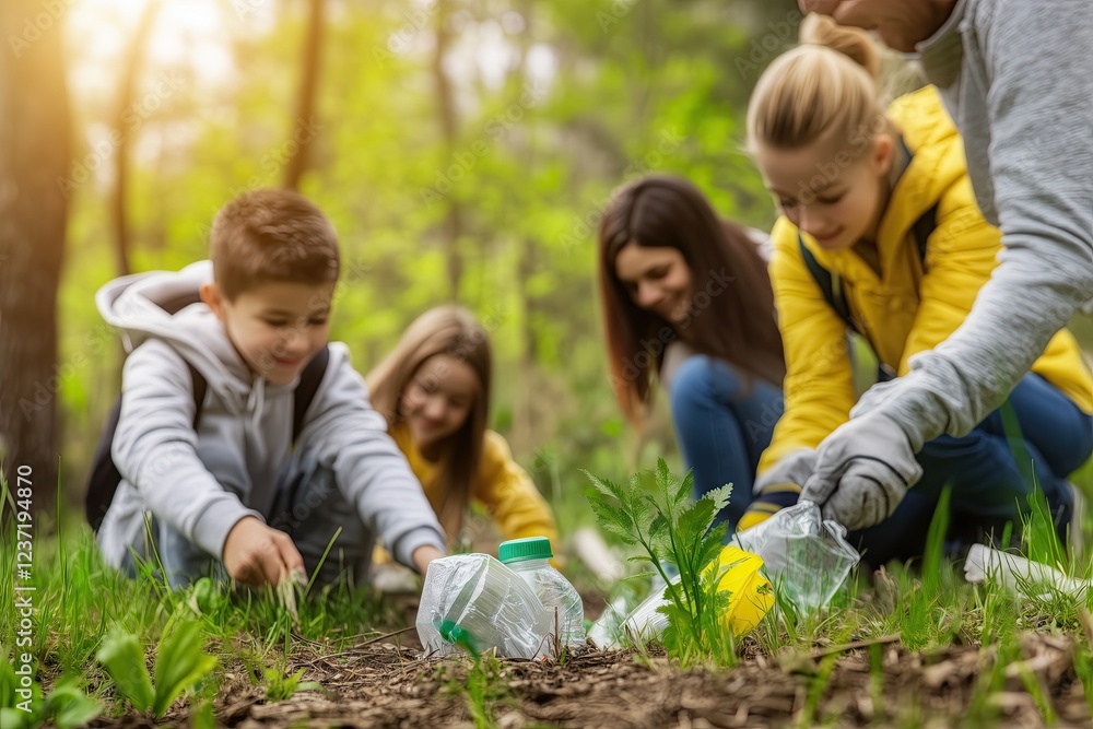 Children and adults cleaning up plastic waste in a forest. Environmental volunteers promoting sustainability, recycling, and nature conservation.
Children and adults cleaning up plastic waste in a forest. Environmental volunteers promoting sustainability, recycling, and nature conservation.