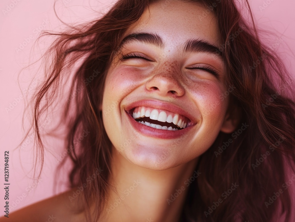 Radiant Smiles: Youthful, Joyful Beauty with Pink Background