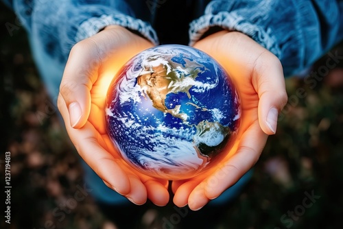 Hands gently holding a glowing Earth, symbolizing environmental protection and global responsibility. Concept of sustainability, climate change, and a sustainable future.

 photo