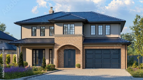 A refined two-story home in Chesham under a navy blue roof, featuring a broad garage