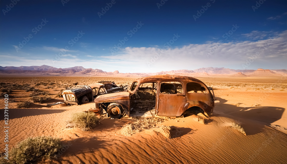 Rusty car buried in desert, ragged, desolate, discarded, decayed, destroyed, wilderness, ruined, landscape Rusty car buried in desert, ragged, desolate, discarded, decayed, destroyed, wilderness, ruined, landscape