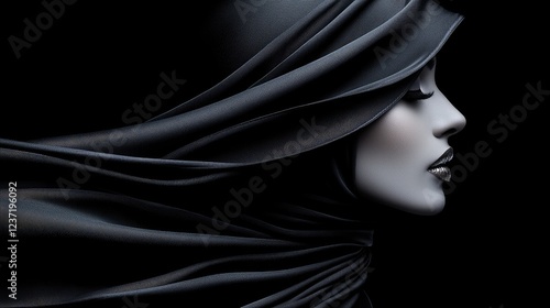 Elegant woman, black fabric, profile, dark background, fashion photo