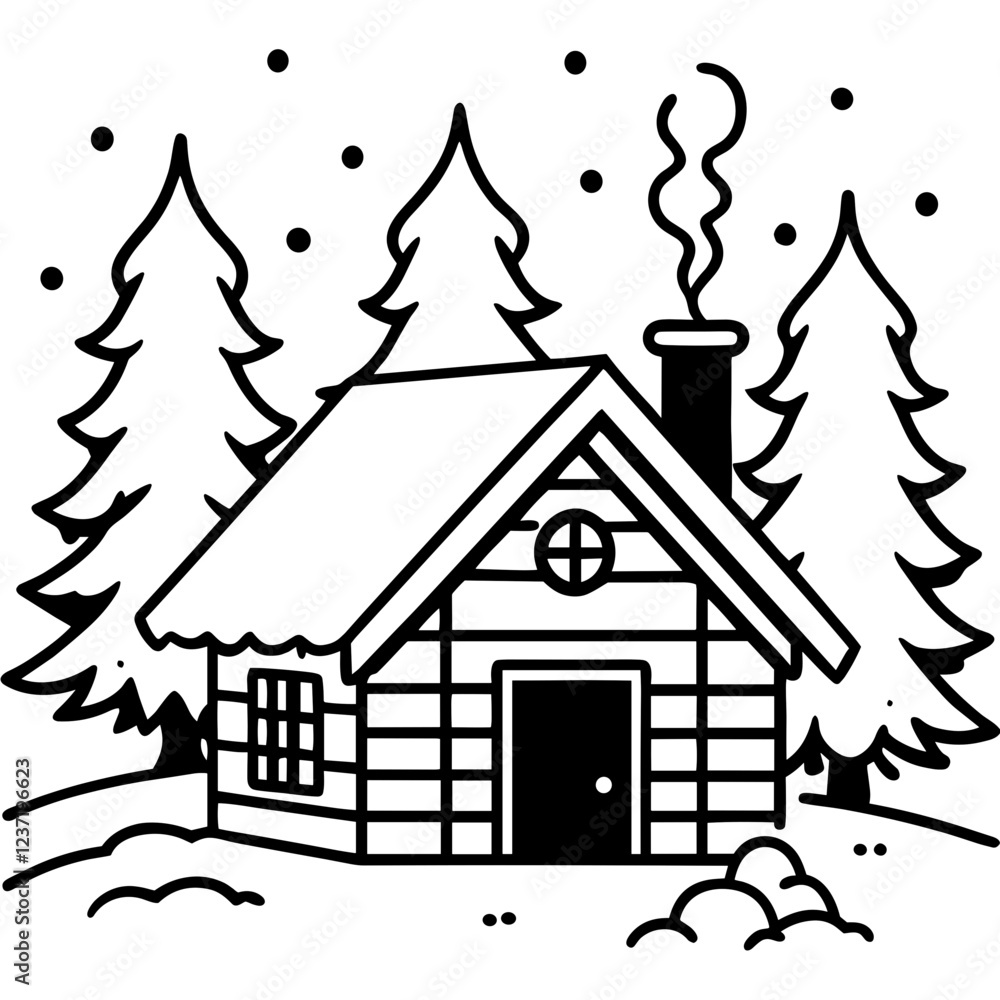 Fototapeta premium Coloring. Winter cabin among snow-covered pine trees