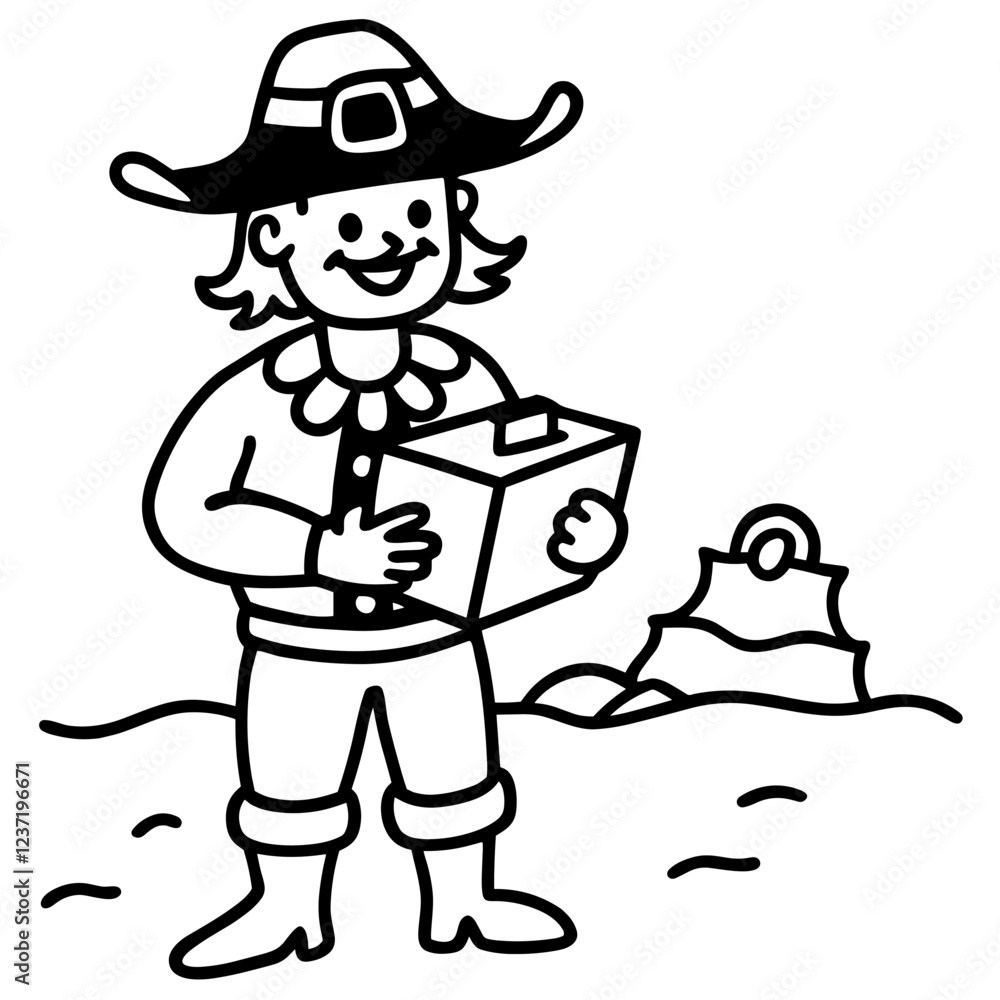 Coloring. Pilgrim holding a box on sandy ground Coloring. Pilgrim holding a box on sandy ground