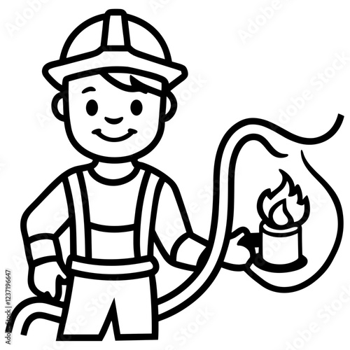 Coloring. Smiling firefighter kid holding a water hose with flames in background