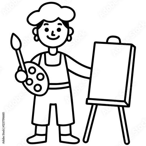 Coloring. Happy artist holding paintbrush and palette with blank canvas