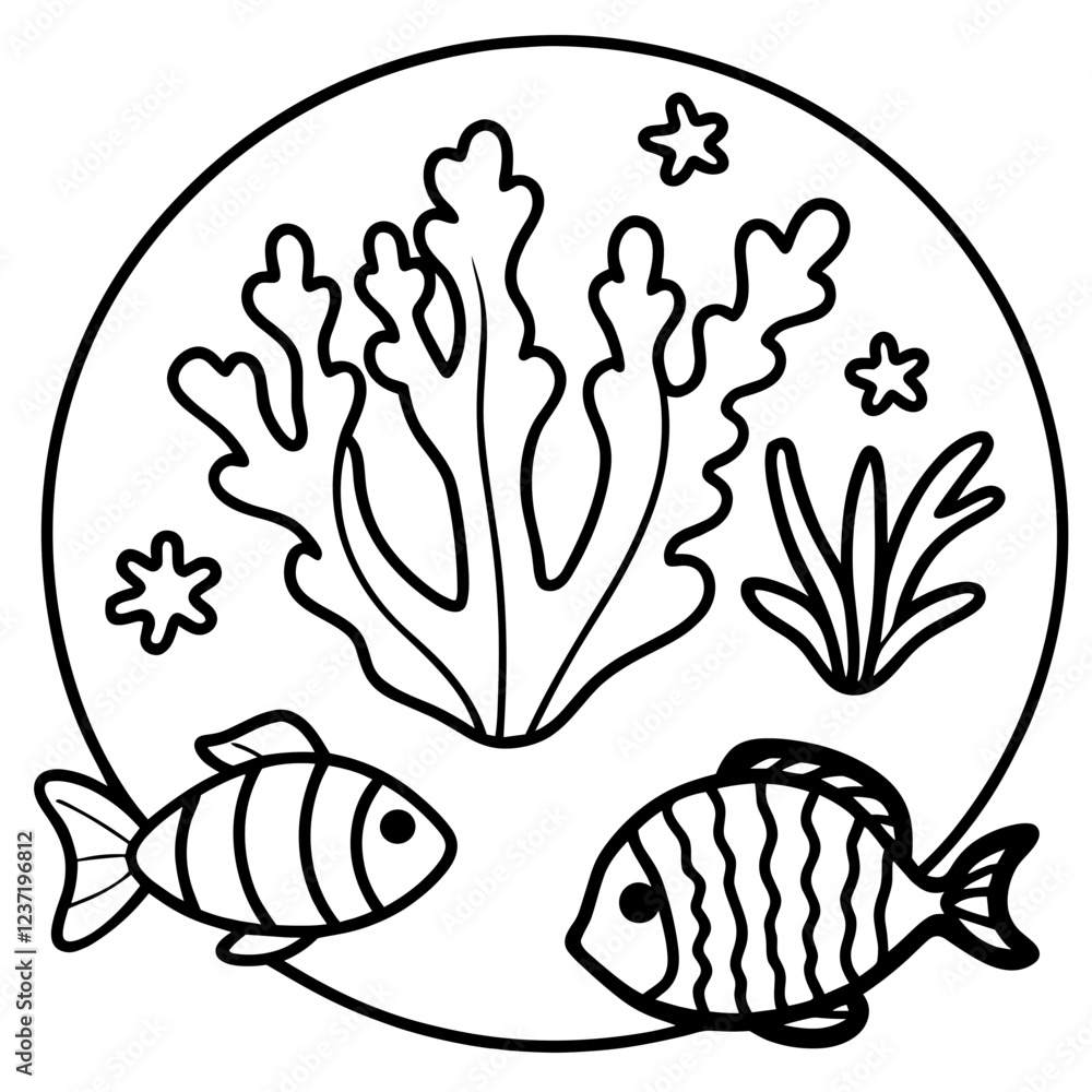 Naklejka premium Coloring. Illustration of fish swimming around coral reef