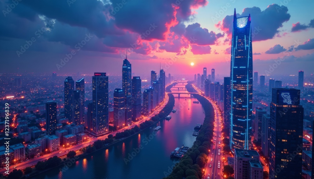 Fototapeta premium Futuristic cityscape with skyscrapers and LED lights , big data, digital, cloud