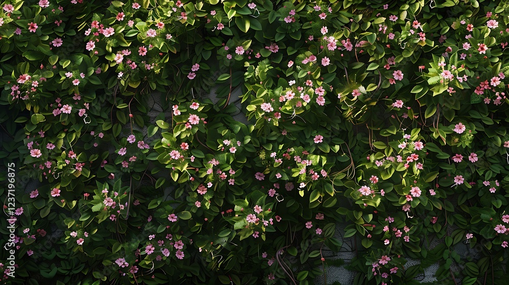 A dynamic wall covered in blooming spring flowers and creeping vines A dynamic wall covered in blooming spring flowers and creeping vines