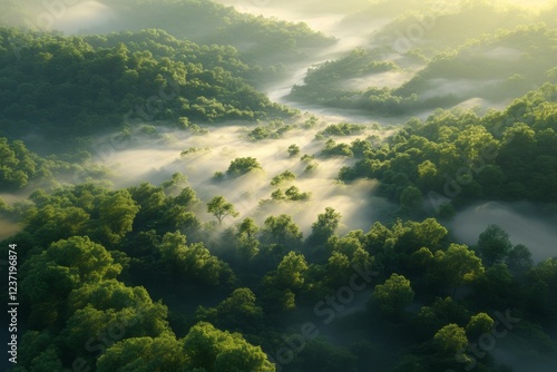 Misty Sunrise Over Lush Green Forest Valley An Aerial View of Nature's Serenity