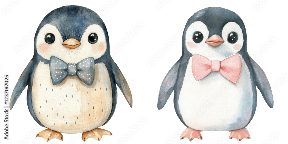 Fototapeta premium Cute cartoon penguins with colorful bow ties in watercolor art style isolated png