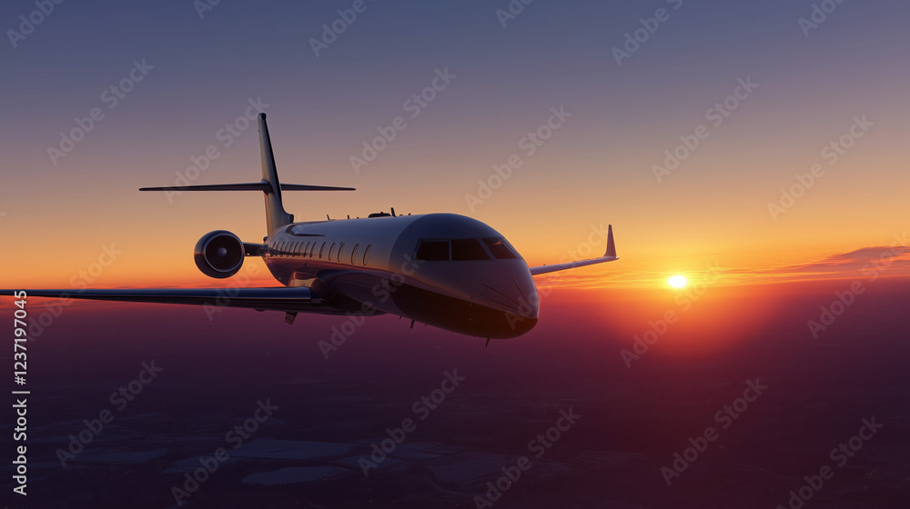 Commercial Jet Ascending into a Clear Sunset Sky with Warm Orange and Purple Hues Surrounding the Aircraft Commercial Jet Ascending into a Clear Sunset Sky with Warm Orange and Purple Hues Surrounding the Aircraft