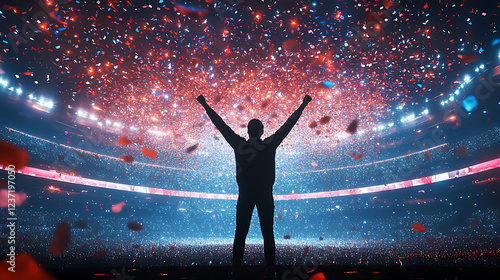 A champion standing in the center of a sports arena, arms raised in triumph, as confetti falls from above (1)