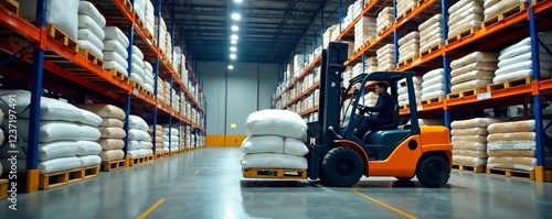 forklift stacking jumbo bags high shelves storage warehouse, warehouse storage, jumbo bags, logistics photo