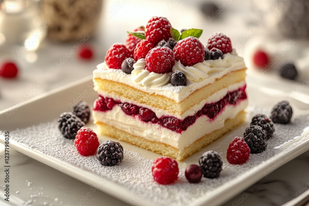 Delicious layered dessert featuring berries and cream on a white plate in a bright kitchen Delicious layered dessert featuring berries and cream on a white plate in a bright kitchen