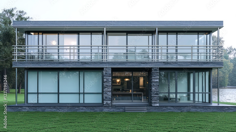A sleek two-story house with frosted glass walls and charcoal stone accents, set against a vibrant green lawn A sleek two-story house with frosted glass walls and charcoal stone accents, set against a vibrant green lawn