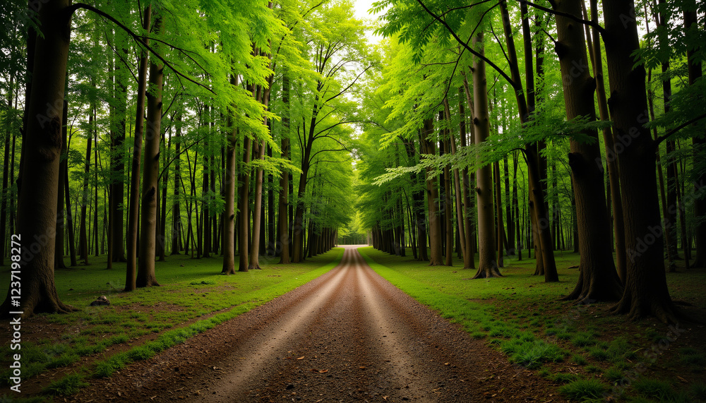 Obraz premium Serene forest path under dappled sunlight, equinox transition