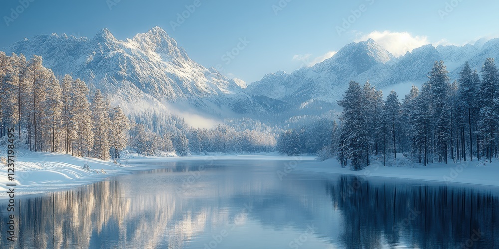 A serene winter landscape showcases a tranquil snowy mountain range reflected in the still, clear waters of a pristine alpine lake surrounded by frosted trees A serene winter landscape showcases a tranquil snowy mountain range reflected in the still, clear waters of a pristine alpine lake surrounded by frosted trees