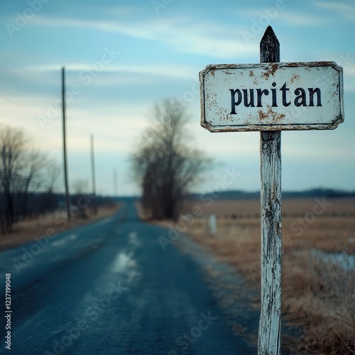 Rural Road with Rustic Signpost Displaying Weathered Wooden 