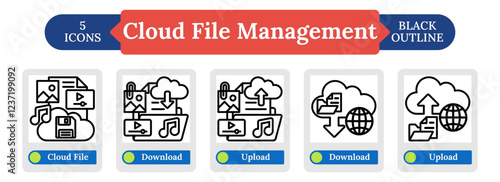 Cloud File Management and Sharing Line Pack Sheet Design Vector Including Cloud File, Download, and Upload