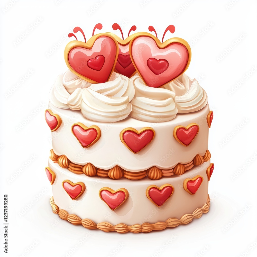 elegant white cake with heart-shaped decorations, isolated on a white background for Saint Valentines Day elegant white cake with heart-shaped decorations, isolated on a white background for Saint Valentines Day