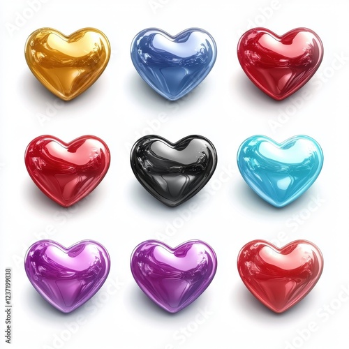 glossy heart-shaped candies in various colors, isolated on a white background for Saint Valentines Day