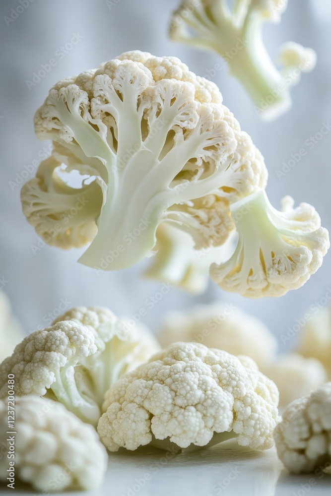 Obraz premium Floating Cauliflower Florets A Culinary Delight of Fresh, Creamy White Vegetable
