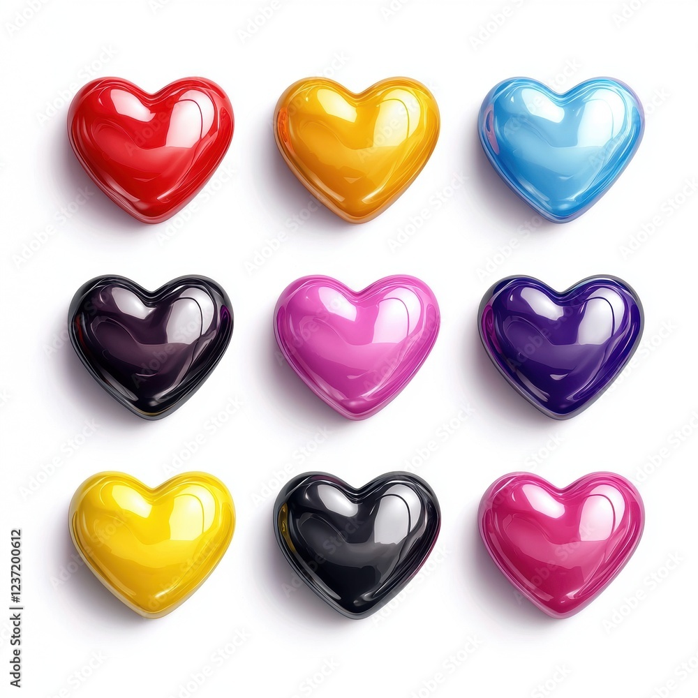 glossy heart-shaped candies in various colors, isolated on a white background for Saint Valentines Day glossy heart-shaped candies in various colors, isolated on a white background for Saint Valentines Day