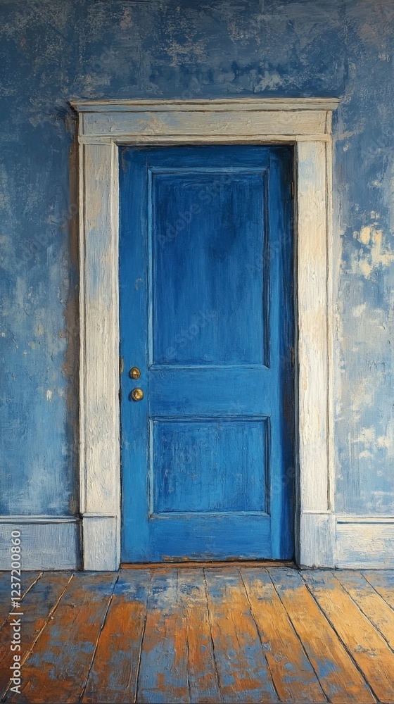 Fototapeta premium Blue door with peeling paint in an empty room showcasing vintage architectural details