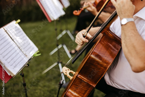 cellist performs in an outdoor classical music ensemble, with sheet music on stands and other string musicians in the background photo