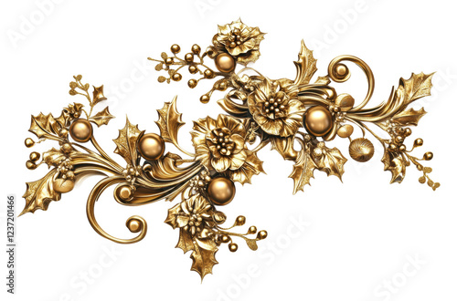 Gold floral ornament with berries isolated on transparent background