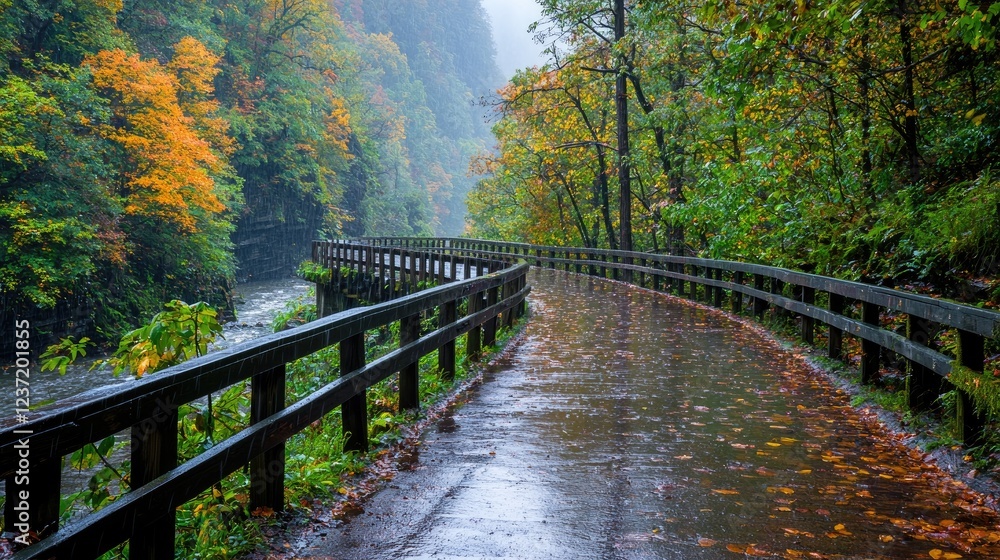 Obraz premium Rainy autumn path along river in forest