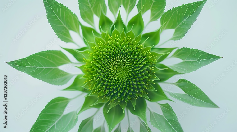 A perfectly symmetrical sunflower bloom with green leaves on a clean white background A perfectly symmetrical sunflower bloom with green leaves on a clean white background