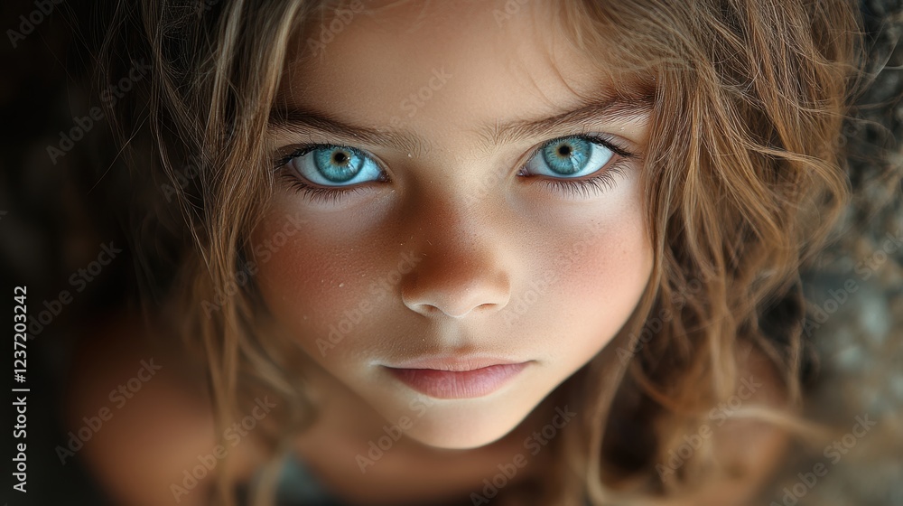 A captivating close-up portrait of a young child with mesmerizing blue eyes, gazing intently at the camera, showcasing innocence and natural beauty A captivating close-up portrait of a young child with mesmerizing blue eyes, gazing intently at the camera, showcasing innocence and natural beauty