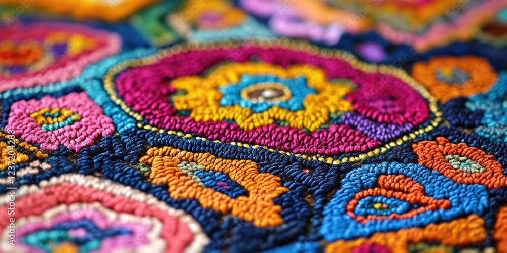 Colorful hand-embroidered pattern on a piece of textile. Paisley designs with vivid colors and intricate details. Colorful hand-embroidered pattern on a piece of textile. Paisley designs with vivid colors and intricate details.