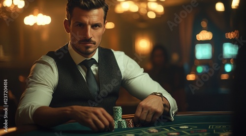 Confident and stylish man seated at a casino table with poker chips, exuding sophistication and strategy in a luxurious gaming environment